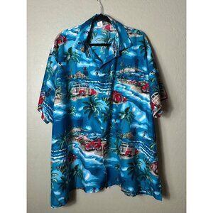 Vintage Creations Hawaiian Shirt 3XL Blue Surf Beach Car Print Short Sleeve